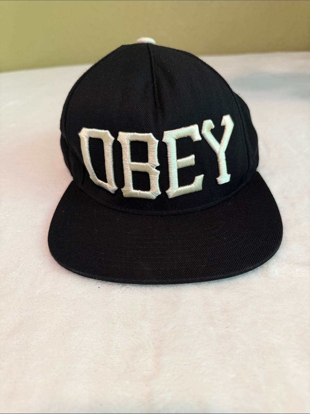 Obey Black Cap with Cream Embroidered Raised Letters